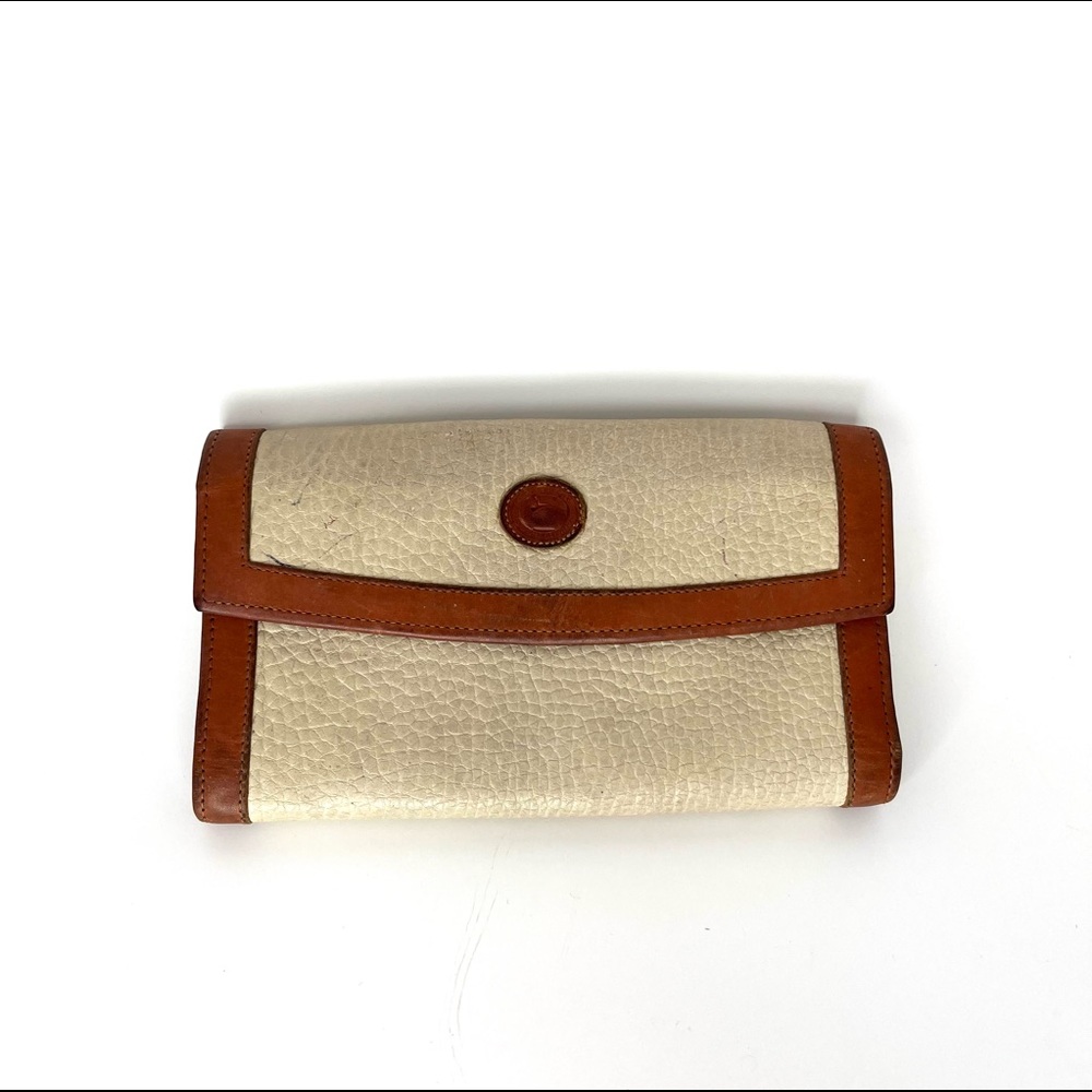 Vintage Dooney & Bourke Leather Brown & Cream Foldover Wallet Clutch